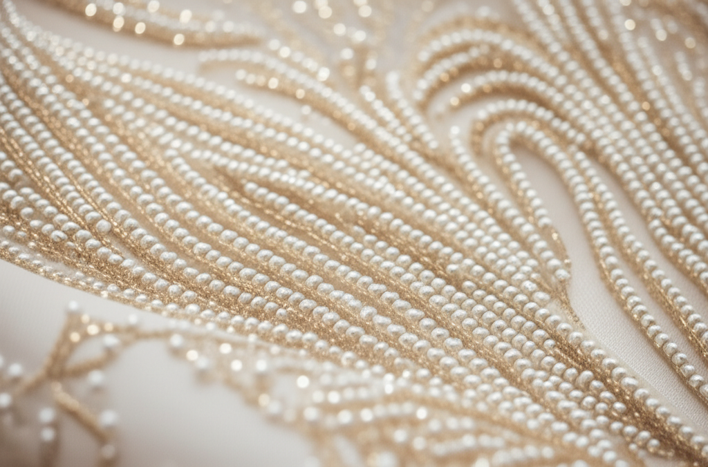 Detail of intricate beadwork on a couture garment